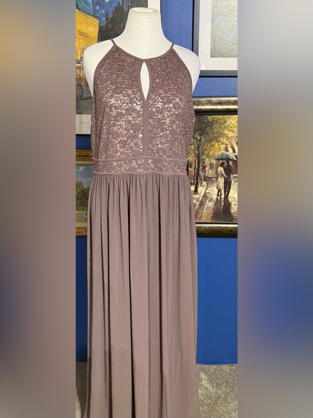 Mauve Taupe Sequin Halter Maxi Dress